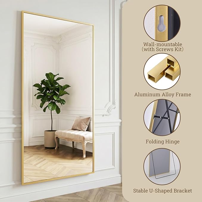 Gold Mirror Full Length, 65"x24" Floor Mirror with Stand, Full Body Mirrors for Bedroom, Hanging Mounted for Living Room Cloakroom, Shatterproof Tempered Glass Floor Mirror