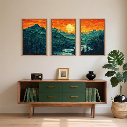 Woodland Mountain Framed Canvas Wall Art Set, Abstract Ridge Wall Painting, Boho Sunset Scenery Wall Decor, Modern Natural Landscape Art Print for Living Room, Bedroom, Office - 24"x36"x3