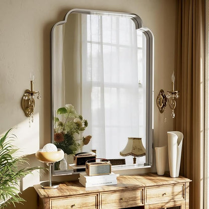GLSLAND 30"x48" Petal Arch Bathroom Mirror – Modern Metal Frame Vanity Mirror with Scalloped Edge for Over Sink, Bedroom, Living Room, Entryway, Non-Rusting Decorative Wall Mirror, Silver