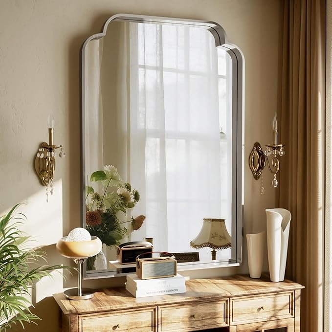 GLSLAND 30"x40" Petal Arch Bathroom Mirror, Modern Metal Frame Vanity Mirror with Scalloped Edge for Over Sink, Bedroom, Living Room, Entryway, Decorative Wall Mirror, Silver