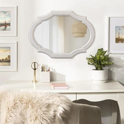 Vintage Oval Mirrors for Wall Decor Living Room 24 X 18 Inch, Hanging Decorative Scalloped White Mirrors, Distressed Wood Frame Unique Mirror for Entryway Bathroom, Horizontally or Vertically