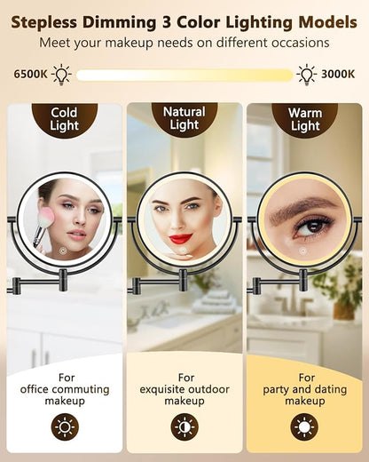 ALHAKIN 9" Wall Mounted Lighted Makeup Mirror, Large Double Sided 1X/10X Magnifying Mirror with 3 Color Lights Dimmable, 360° Rotation, Black