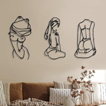 Photect 3 Pcs Metal Wall Art Decor Minimalist Abstract Woman Wall Art Metal Modern Line Drawing Decor Female Single Line Home Hanging for Bedroom Bathroom Living Room Housewarming(Lively,Black)