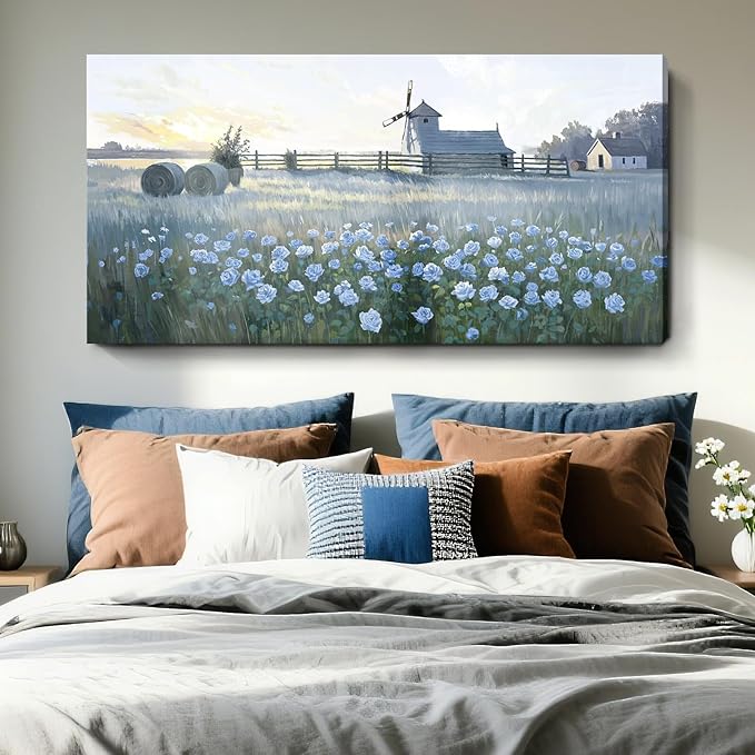 Large Framed Rustic Farmhouse Wall Art, Blue Flower Field Windmill Landscape Canvas Print, Modern Nature Country Decor Painting For Living Room Bedroom Bathroom Home Office, Ready To Hang 48X24 Inch