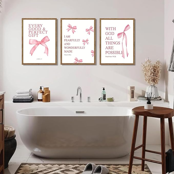 JBZDD Wood Coquette Pink Bow Canvas Wall Art Set of 3, Inspirational Bible Verses Decor Posters Pictures Prints Aesthetic for Girls Room College Apartment Living Room Bedroom Framed 12x16 Inch
