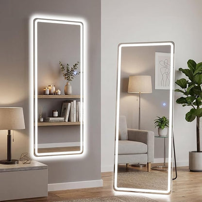 16"×60" LED Full Length Mirror with Stand, Full Body Wall-Mount Mirror with LED Lights 3 Color Lighting, Hanging or Leaning, Floor Standing, Modern Simple Home Wall Decor