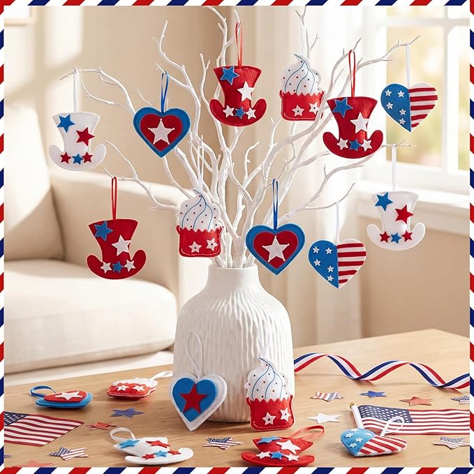 Soulchen 12 Pcs Red Blue White Ornaments Patriotic Fabric Hanging Ornaments 4th of July Stuffed Heart Star Hat Ice Cream Decor for 250th Anniversary Memorial Independence Day Farmhouse Party
