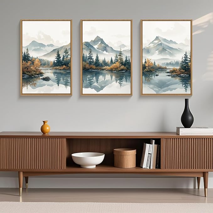 HLNIUC Large White Mountain Wall Art Framed, Snowy Green Forest Decor Set of 3 (24"x36"), Watercolor Winter Misty Nature Prints, Foggy Lake Landscape Canvas Painting for Living Room, Bedroom, Office