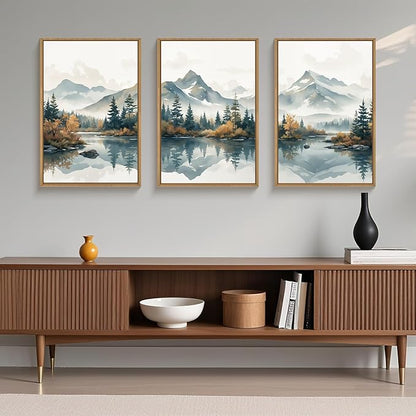 HLNIUC Large White Mountain Wall Art Framed, Snowy Green Forest Decor Set of 3 (24"x36"), Watercolor Winter Misty Nature Prints, Foggy Lake Landscape Canvas Painting for Living Room, Bedroom, Office