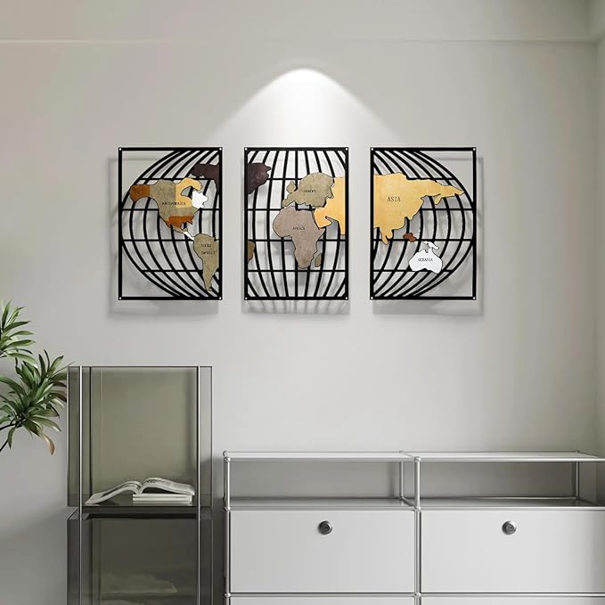 FIXNEO Metal Wall Art 3 Piece World Map Wall Art for Living Room Modern Globe Pictures Design Decor for Living Room Home Bathroom Office (World Map, 31.8"*15.74")
