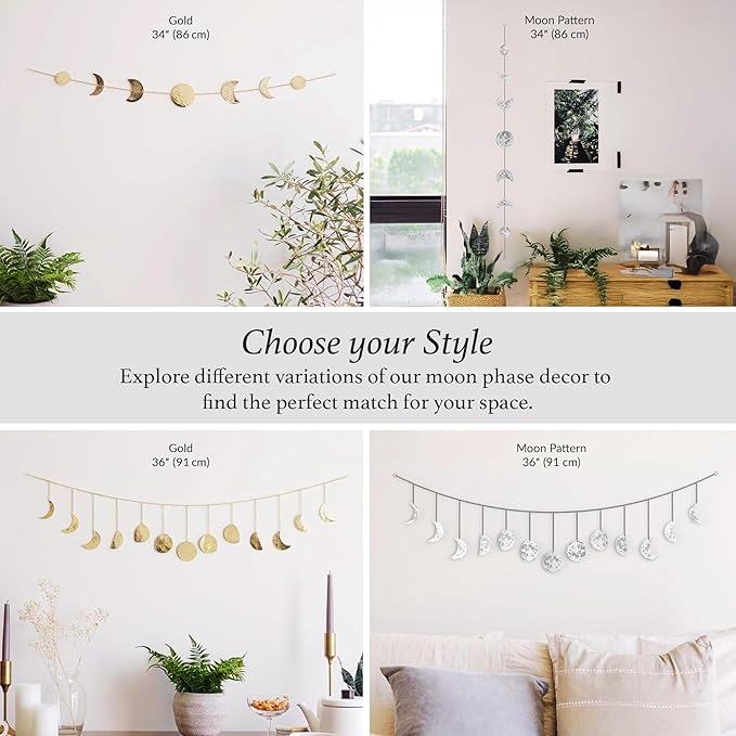 BASE ROOTS Moon Phase Wall Decor, Celestial Décor, Moon Décor & Boho Wall Décor, White Gray Wall Art for Bedroom & Living Room, Bohemian Wall Decor, Handmade Hammered Metal 36" 7 Phases Moon Wall Decor, Gift for Women & Kids