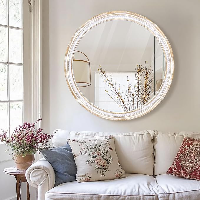 HOITUZYUS Farmhouse Round Wood Mirror 30 Inch, Rustic Boho Circle Decorative Mirrors for Bathroom, Living Room, Entryway, Bedroom, Hallway