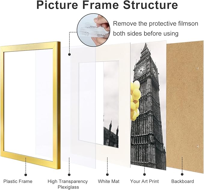8X10 Modern Gold Picture Frame, 6 Pack Photo Frames for Gallery Wall, Display Pictures 5x7 with Mat or 8x10 Without Mat for Tabletop Display and Wall Mounting