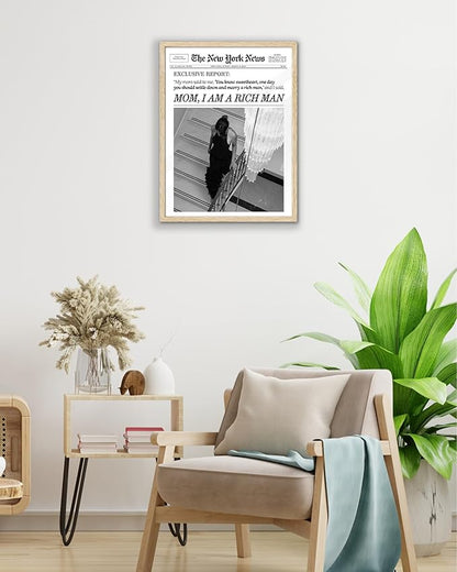EcoHest Unframed Trendy Newspaper Wall Art, 12x16 in OAK Wood Mom I Am a Rich Man Canvas Art, Magazine Girly Poster College Dorm Decor, Beige Logs Set of 1 for Bedroom Living Room