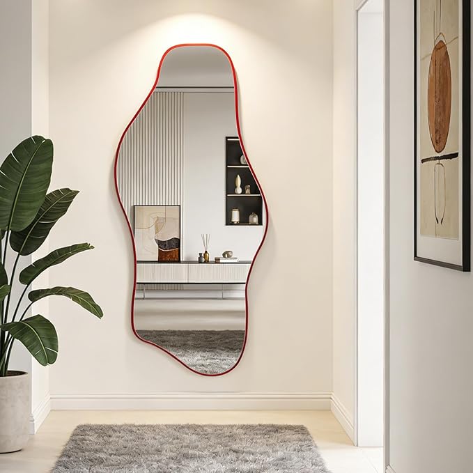 Large Irregular Mirror, 63"x30" Asymmetrical Tempered Glass Wall Mirror, Red Modern Organic Frameless Mirrors for Living Room Bedroom Hallway Entryway, Horizontal or Vertical Hanging