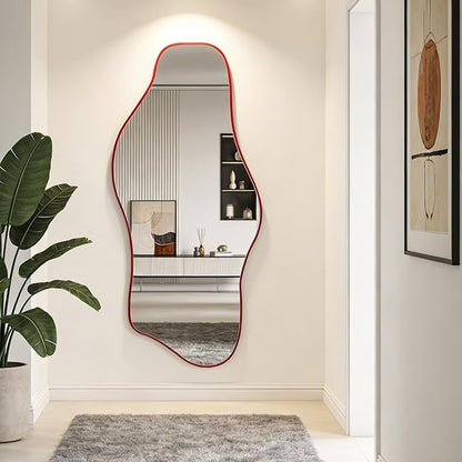 Large Irregular Mirror, 63"x30" Asymmetrical Tempered Glass Wall Mirror, Red Modern Organic Frameless Mirrors for Living Room Bedroom Hallway Entryway, Horizontal or Vertical Hanging