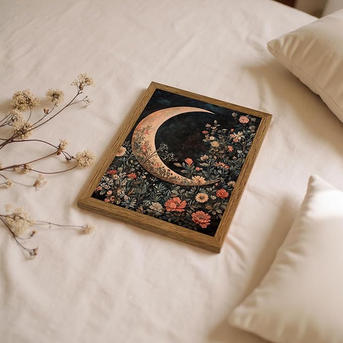 JLTULT Framed Vintage Floral and Moon Canvas Wall Art, Dark Mystical Celestial Floral Wall Decor, William Morris Gothic Prints Artwork for Bedroom Living Room Office Decoration 8x10 inch Easy to Hang