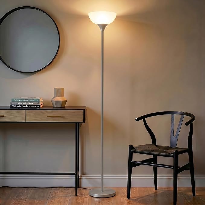Brightech Sky Dome Dimmable LED Floor Lamp, Torchiere Floor Lamp for Living Room, Bedroom, & Office – Tall Torch Standing Lamp for Reading, Modern Home Decor – Platinum Silver