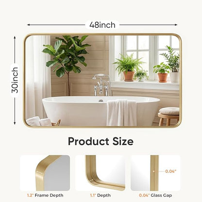Sweetcrispy Bathroom Wall Mirror, 48x30 Inch Wall Mount Mirror for Over Sink, Modern Rounded Rectangle Vanity Mirror with Matte Metal Framed, for Home Decor, Living Room, Bedroom, Gold