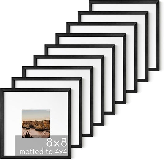 HAUS AND HUES 8x8 Black Metal Picture Frames Matted to 4x4 - Features Premium Aluminum & Hanging Hardware, Shatterproof Plexiglass - Ideal for Home, Room, Office (8x8 in, Black, Set of 9)