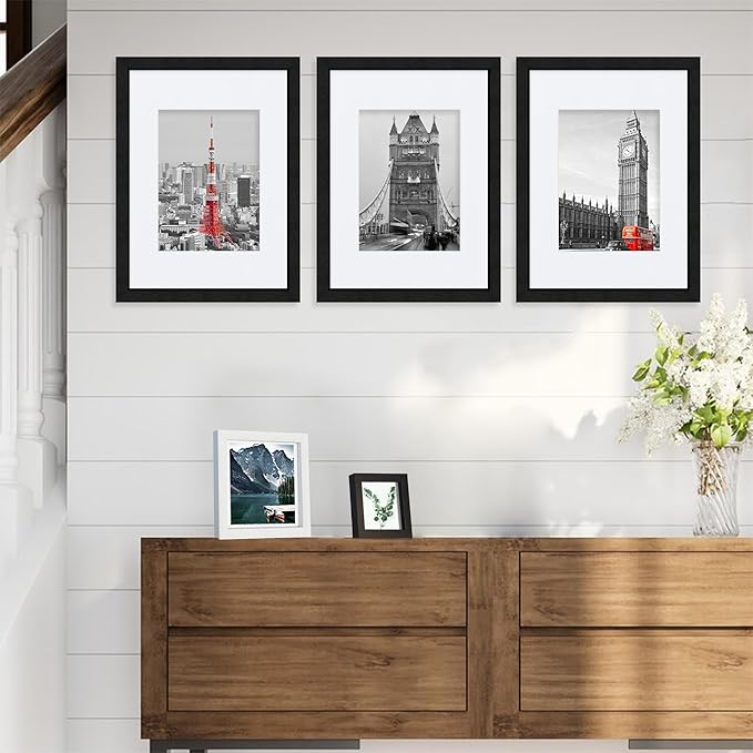 Hongkee 9x12 Black Picture Frames set of 3, Made of Wooden and Glass Photo frame - Displays Picture 6x8 with Mat or 9 x 12 without Mat, Desktop & Wall Collage Frame set