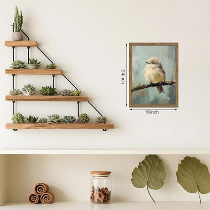 Vintage Framed Bird Wall Art, Rustic Sparrow on Branch Canvas Wall Decor Painting, Cute Bird Animal Artwork Poster Prints Pictures for Living Room Bedroom Bathroom 16x24 Inch