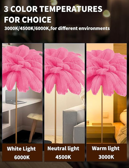 Feather Floor Lamp,Fluffy Ostrich Feather Floor Lamp for Bedroom,3 Color Temperatures Led Corner Modern Floor Lamps for Living Room Christmas Home Decor House Warming Gifts,63″ Height (Deep Pink)