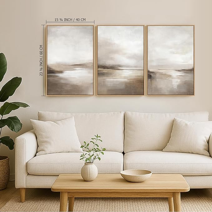 SAFERRYHOME Neutral Abstract Framed Wall Art - Minimalist Modern Nordic Calm Canvas Print Set, Landscape Shapes Earth Tone Illustrations Decor for Living Room, Bedroom - 3 Panels 16x24 Inch