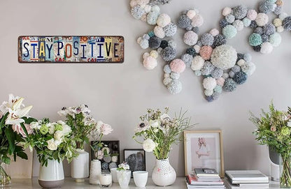 Stay Positive Metal Tin Sign - Rustic Inspirational Wall Art for Home, Office, Gym, Farmhouse Décor - 4x16 Inch
