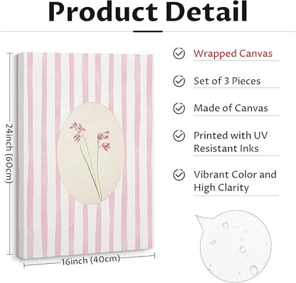 Pink Flower Wall Art Striped Floral Prints Botanical Canvas Wall Decor Aesthetic Pictures Pastel Pink Floral Poster Minimalist Flower Painting for Girl Room 16x24 Inch Wrapped Canvas Set of 3
