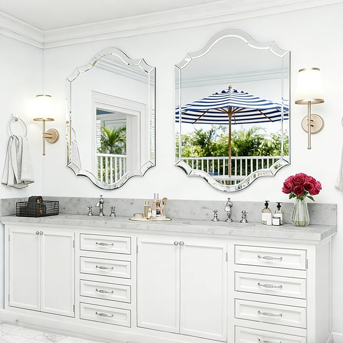 Chende 32"x47" Scalloped Large Wall Mirror for Decor Living Room, Arched Decorative Mirror with Clear Glass Frame and Beveled Edge, Modern Vertical/Horizontal Hanging, Gifts for Girls