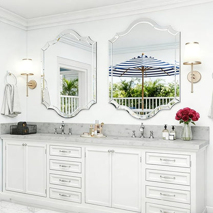 Chende 32"x47" Scalloped Large Wall Mirror for Decor Living Room, Arched Decorative Mirror with Clear Glass Frame and Beveled Edge, Modern Vertical/Horizontal Hanging, Gifts for Girls