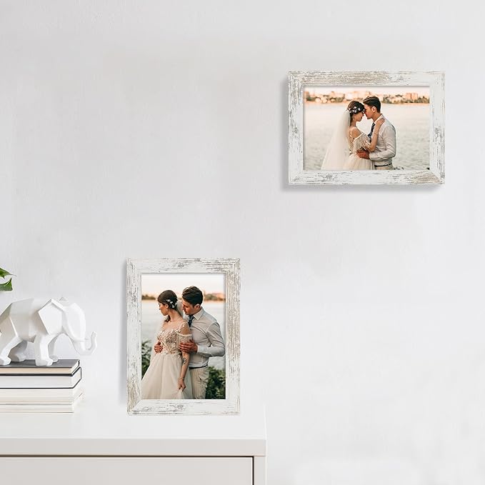 iRahmen 6x9 Picture Frame Set of 2, Distressed White Frame with HD Glass, Wood Rustic Photo Frames for Horizontal or Vertical Tabletop and Wall Mounting
