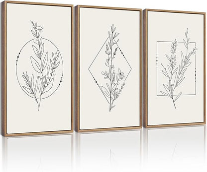 Drsoum Minimalist Flower Wall Art Vintage Wall Hanging Decor Black Line Botanical Prints Artwork for Bedroom Living Room Hallway 16x24in Natural Framed