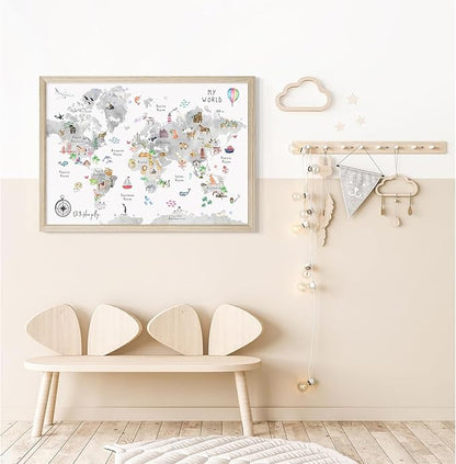 Joocrise Grey Kids World Map Wall Art Animal Map Canvas Wall Art Nursery Wall Decor World Map Poster Childrens Room Decor Playroom Prints Educational Artwork 16x24 Inch Wood Frame