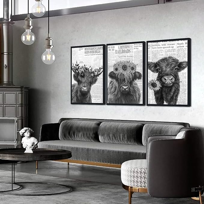 Vintage Scottish Cow Canvas Wall Art Retro Newspaper & Floral Highland Cow Poster Wall Decor Funny Farm Animal Cows Artwork for Apartment Bedroom Country Decoration 24x36inchx3pcs,Framed