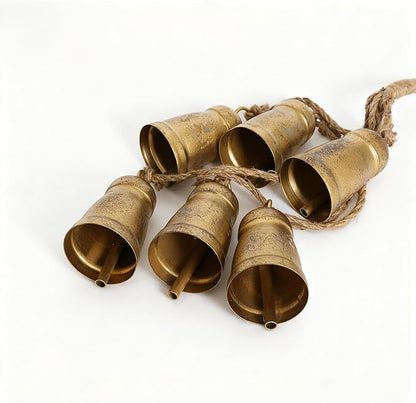 Vintage Gold Metal Cow Bell Garland, Set of 6 Handmade Hanging Bells with Jute Rope, Rustic Farmhouse Ranch-Style Distressed Bells for Porch Wreath Walls Mantels Patio Xmas Décor