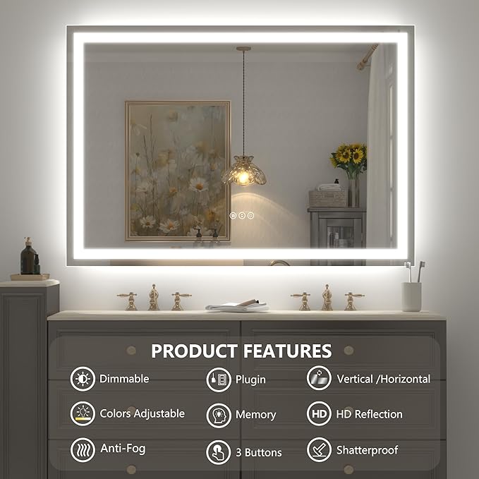 LED Bathroom Mirror 57x36 Inch, Lighted Vanity Mirrors for Wall, Front Lights and Backlit, Dimmable, Anti-Fog, Memory, Shatterproof, ETL Listed