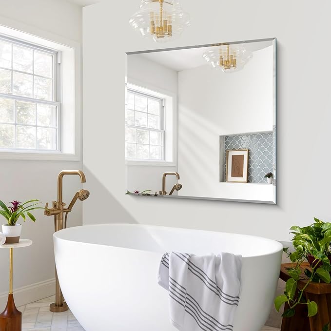 CILIBER Beveled Mirror, 42x42 Inch Frameless Bathroom Mirrors for Wall, 3mm Tempered Glass, Upgraded Shatterproof Square Vanity Mirror Over Sink for Bathroom, Bedroom, Living Room and Entryway