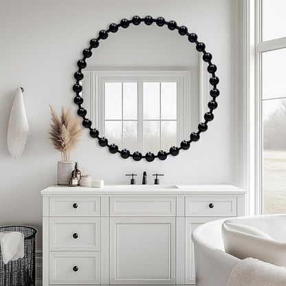 Round Black Mirror 30'', Beaded Mirror for Wall, Spherical Frame Large Circle Mirror for Bathroom, Dining Roon, Bed Room, Entryway