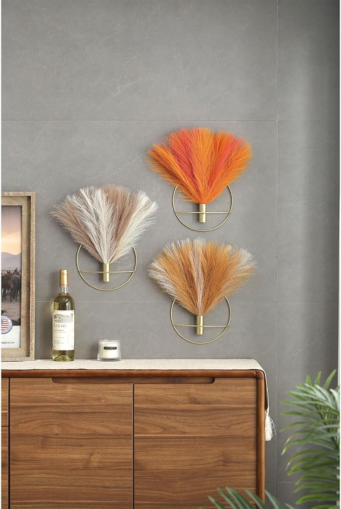Pretty Jolly Boho Wall Decor - Hanging Artificial Pampas Display, Wall-Mounted Metal Art for Living Room, Bedroom, Bathroom, Dining Room - Plant Wall Decor 2 Pack, Turmeric, Gold, Old Orange