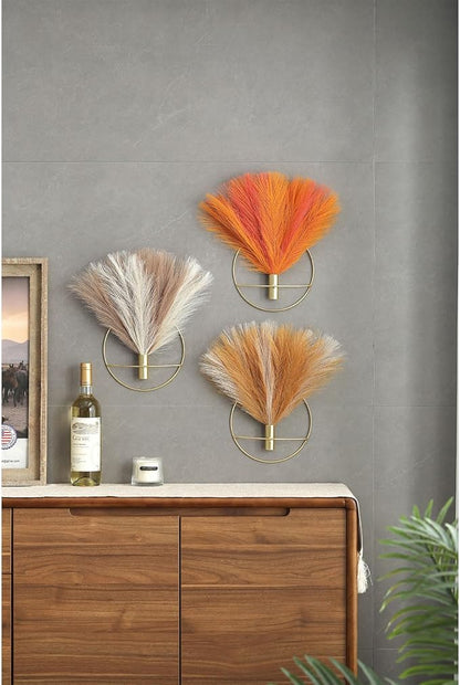 Pretty Jolly Boho Wall Decor - Hanging Artificial Pampas Display, Wall-Mounted Metal Art for Living Room, Bedroom, Bathroom, Dining Room - Plant Wall Decor 2 Pack, Turmeric, Gold, Old Orange