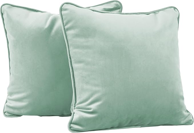FDP 15" x 15" Velvet Square Pillow Set with Piping; Decorative Throw Pillow for Home Décor in Living Room, Bedroom or Lounge (2-Pack) - Aloe, 15157-347