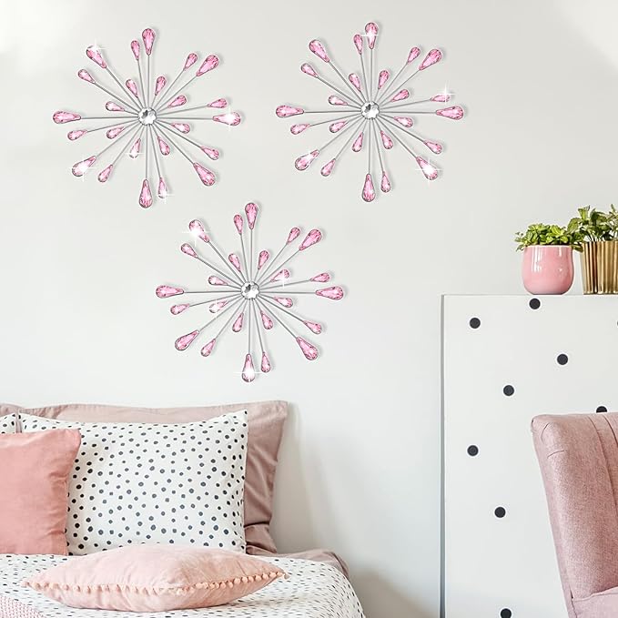 DXYAKY Set of 3 Pink Metal Starburst Wall Art Decor, Rhinestone Crystal Home Decor Accents, 11.8 Inch Decorative Wall Hanging Diamond, Jeweled Sparkle Wall Sculptures for Living Room Bedroom