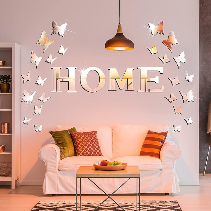 Outus 3D Family Home Sign Letters Living Room Decor Family Rustic Farmhouse Wall Decor Acrylic Mirror Decorative Butterfly Mirror Wall Sticker Decals for Living Room Bedroom Kitchen (Silver)