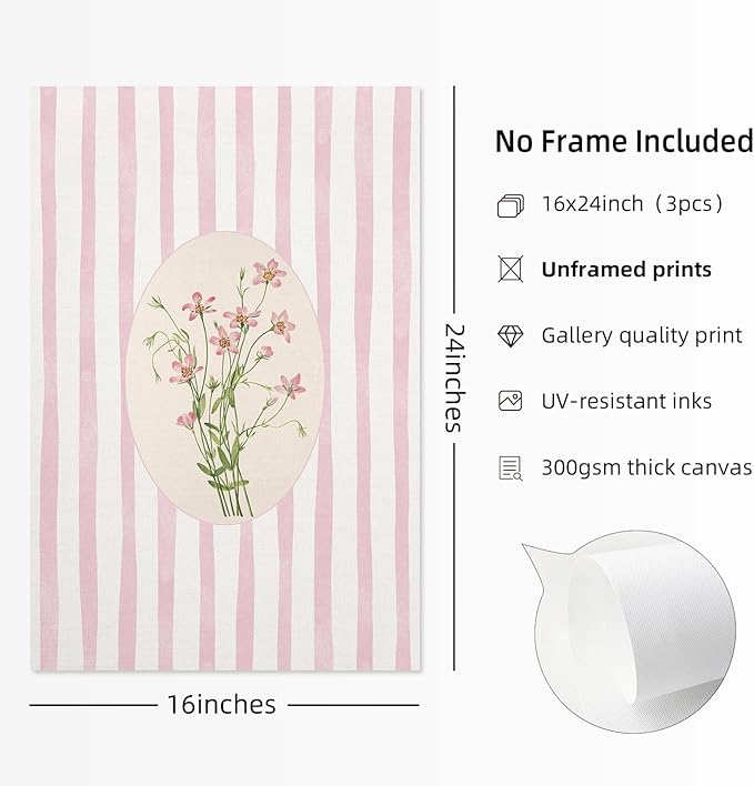 Youillne Pink Flower Wall Art Striped Floral Prints Botanical Canvas Wall Decor Aesthetic Pictures Pastel Pink Floral Poster Minimalist Flower Painting for Girl Room 16x24 Inch Unframed Set of 3