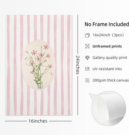 Youillne Pink Flower Wall Art Striped Floral Prints Botanical Canvas Wall Decor Aesthetic Pictures Pastel Pink Floral Poster Minimalist Flower Painting for Girl Room 16x24 Inch Unframed Set of 3