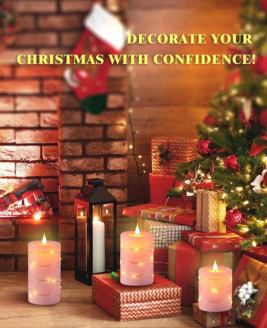 Upinmz Flickering Flameless Candles with Embedded String Lights, Battery Operated Candles with Remote Control and Timer,LED Candles for Home Decoration,Real Wax, 3 Pack Pink