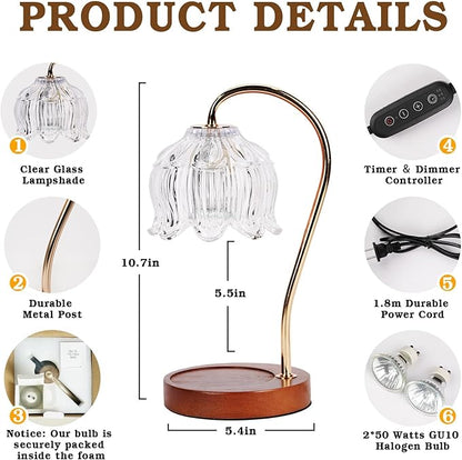 Funistree White Clear Candle Warmer Lamp with Timer Dimmer, Flower Candle lamp Warmer, 2 Bulbs, Wax Melter Warmer for Jar Scented Candles, Christmas Birthday Gifts Ideas for Women Mom