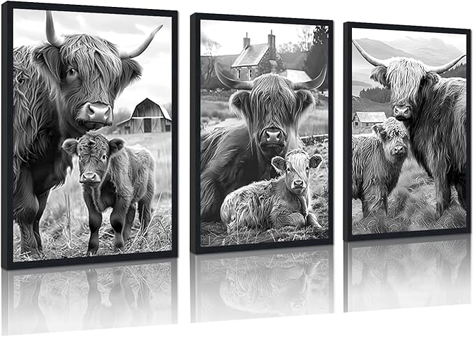 Black White Vintage Highland Cow Framed Canvas Wall Art Farmhouse Highland Cow & Calf Poster for Kitchen Wall Decor Western Country Animals Print Artwork for Gallery Decoration 16x24inchx3pcs